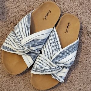 Qupid navy and white striped fabric Luka slides size 6